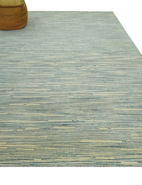 Beige and Teal 8x10 Modern stripes Design Hand Tufted wool area rug
