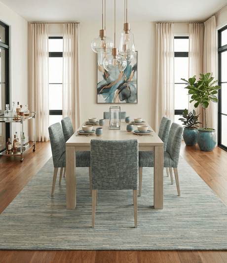 Beige and Teal 8x10 Modern stripes Design Hand Tufted wool area rug