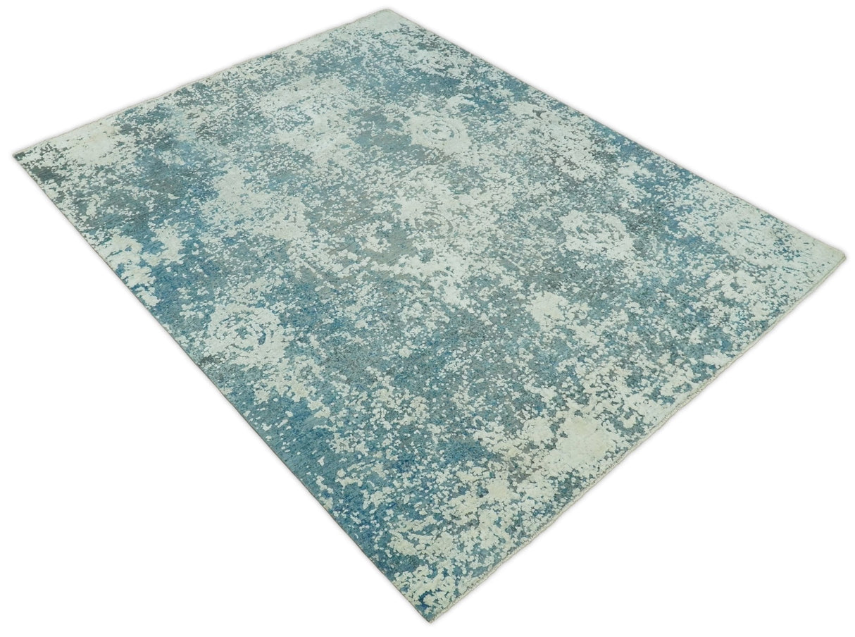 Beige and Teal Modern Abstract Wool Hand Knotted 8x10 Area Rug