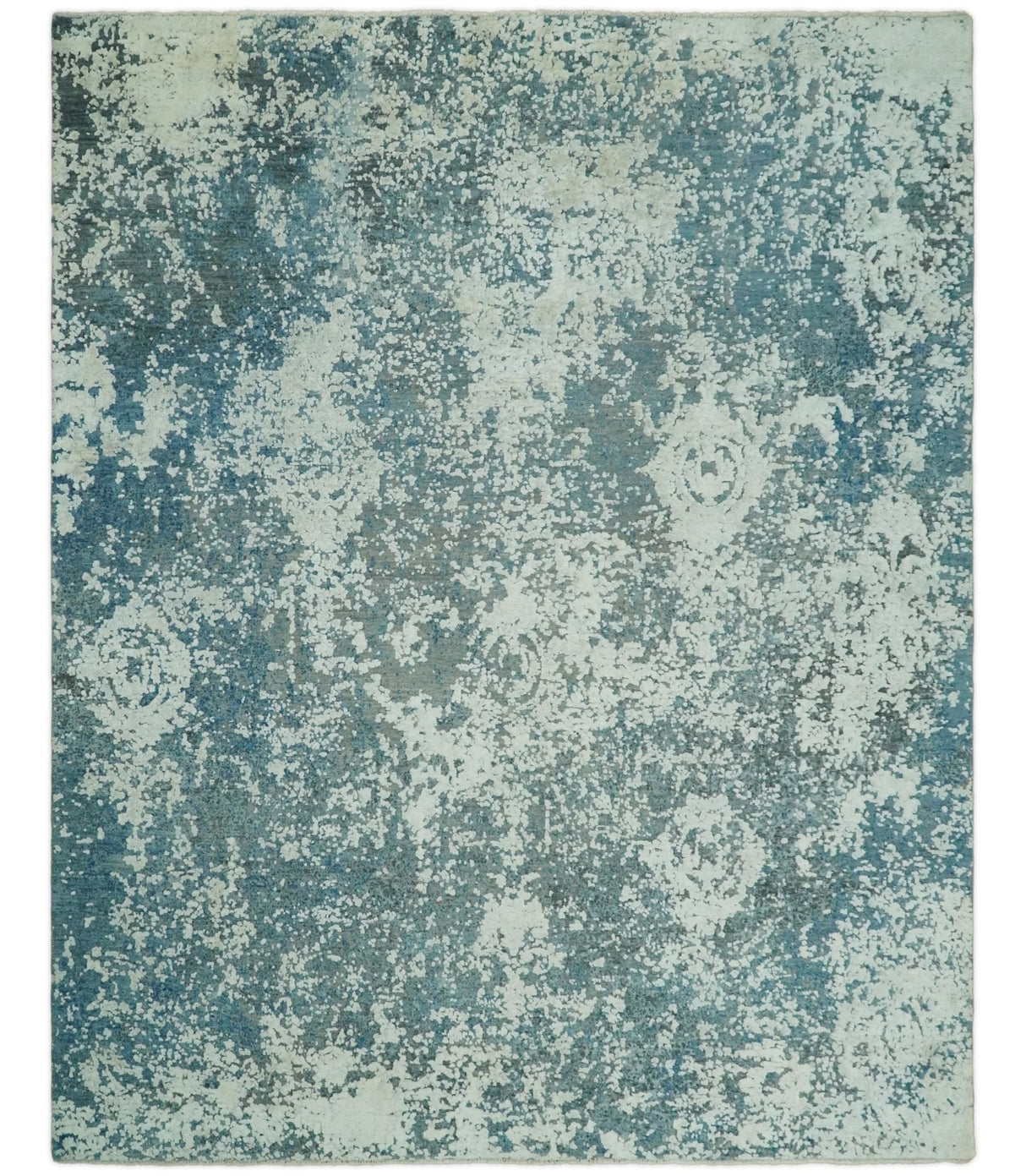 Beige and Teal Modern Abstract Wool Hand Knotted 8x10 Area Rug