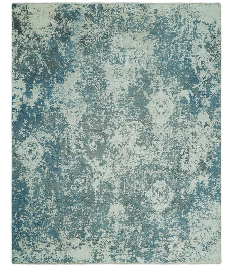 Beige and Teal Modern Abstract Wool Hand Knotted 8x10 Area Rug