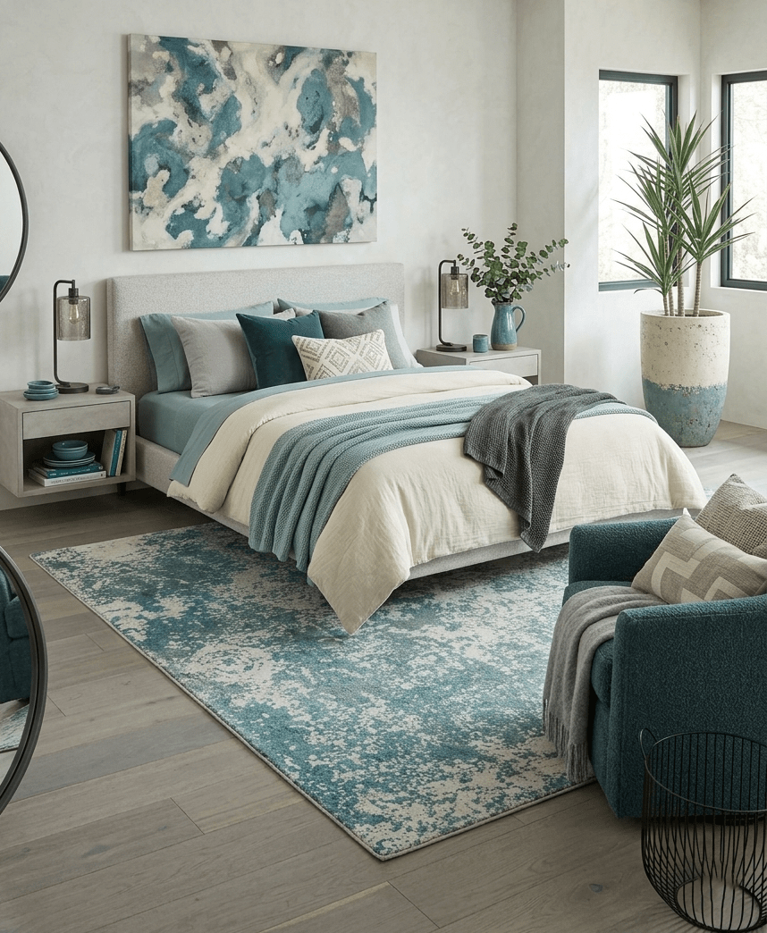Beige and Teal Modern Abstract Wool Hand Knotted 8x10 Area Rug