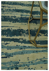 Beige and Teal Modern stripes Design Hand Knotted 5x7 wool Area Rug