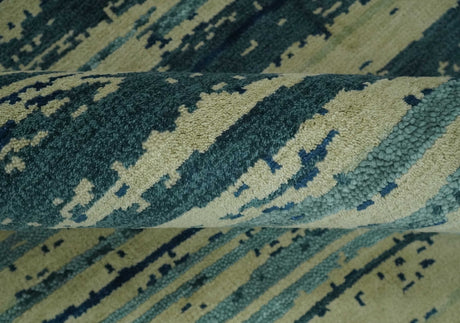 Beige and Teal Modern stripes Design Hand Knotted 5x7 wool Area Rug