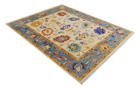 Beige, Blue and Brown Traditional Oushak Hand Knotted Custom made Wool Area Rug