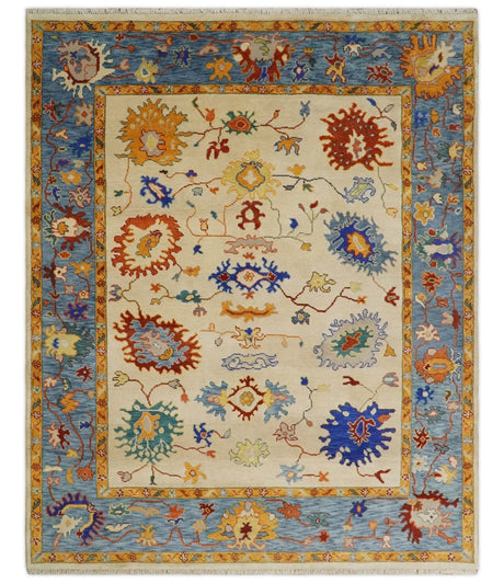 Beige, Blue and Brown Traditional Oushak Hand Knotted Custom made Wool Area Rug