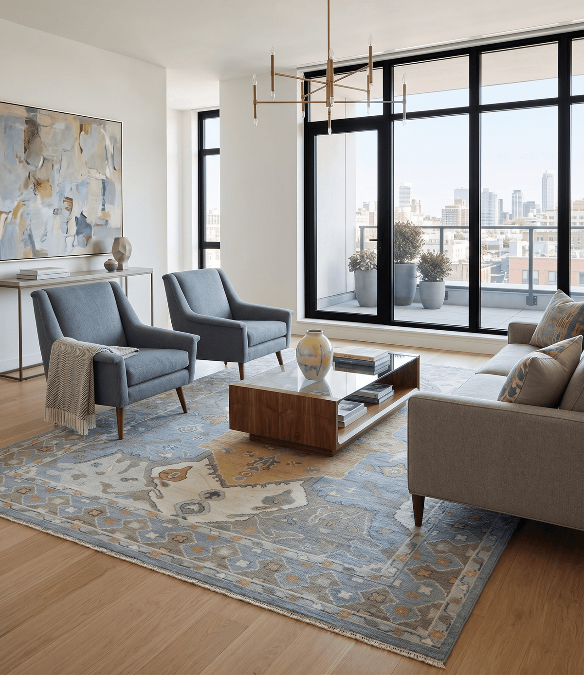 Beige, Blue and Ivory Hand Knotted Traditional Wool Area Rug
