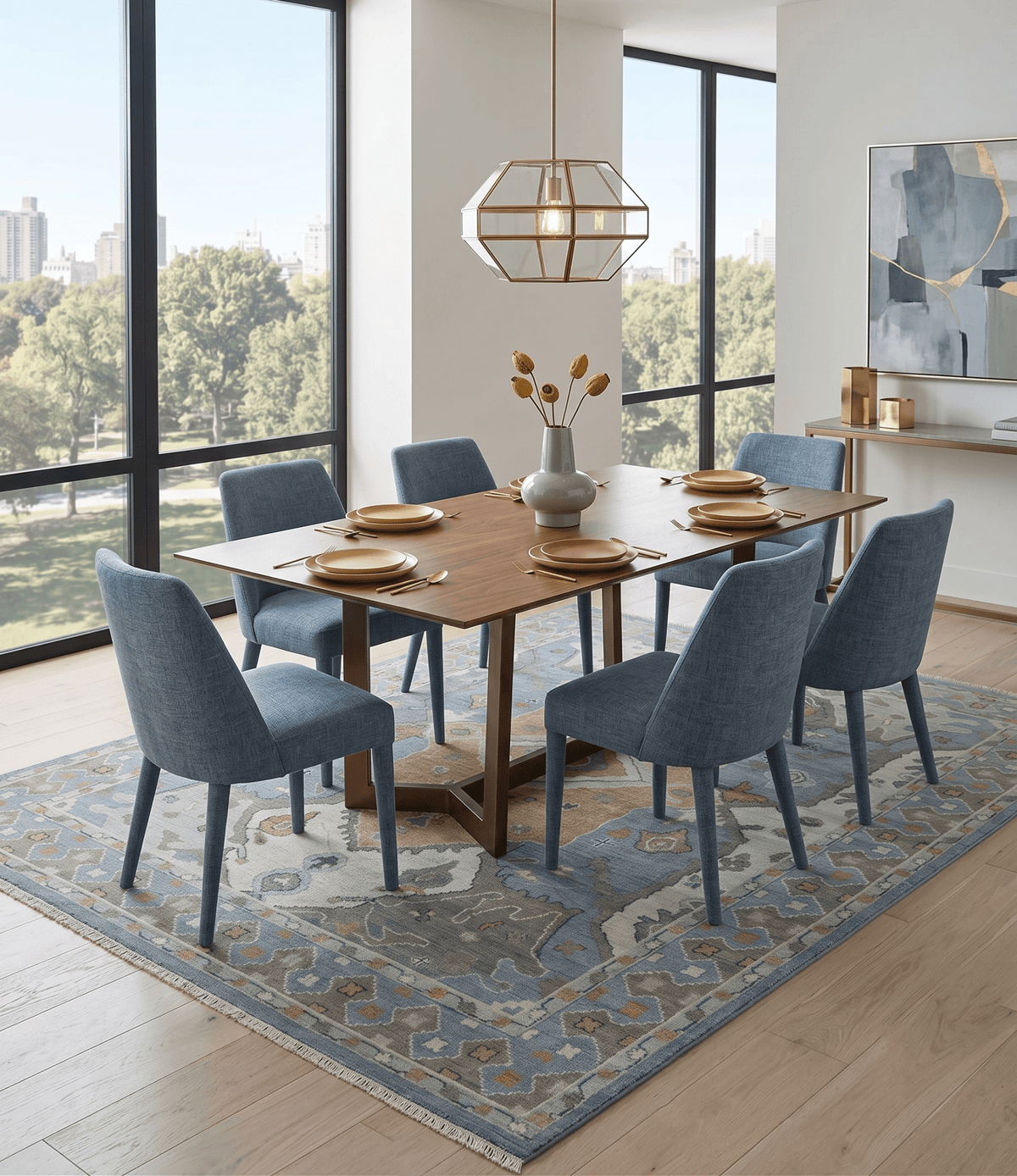 Beige, Blue and Ivory Hand Knotted Traditional Wool Area Rug