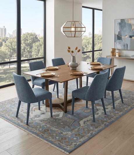 Beige, Blue and Ivory Hand Knotted Traditional Wool Area Rug
