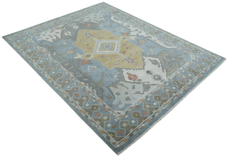 Beige, Blue and Ivory Hand Knotted Traditional Wool Area Rug