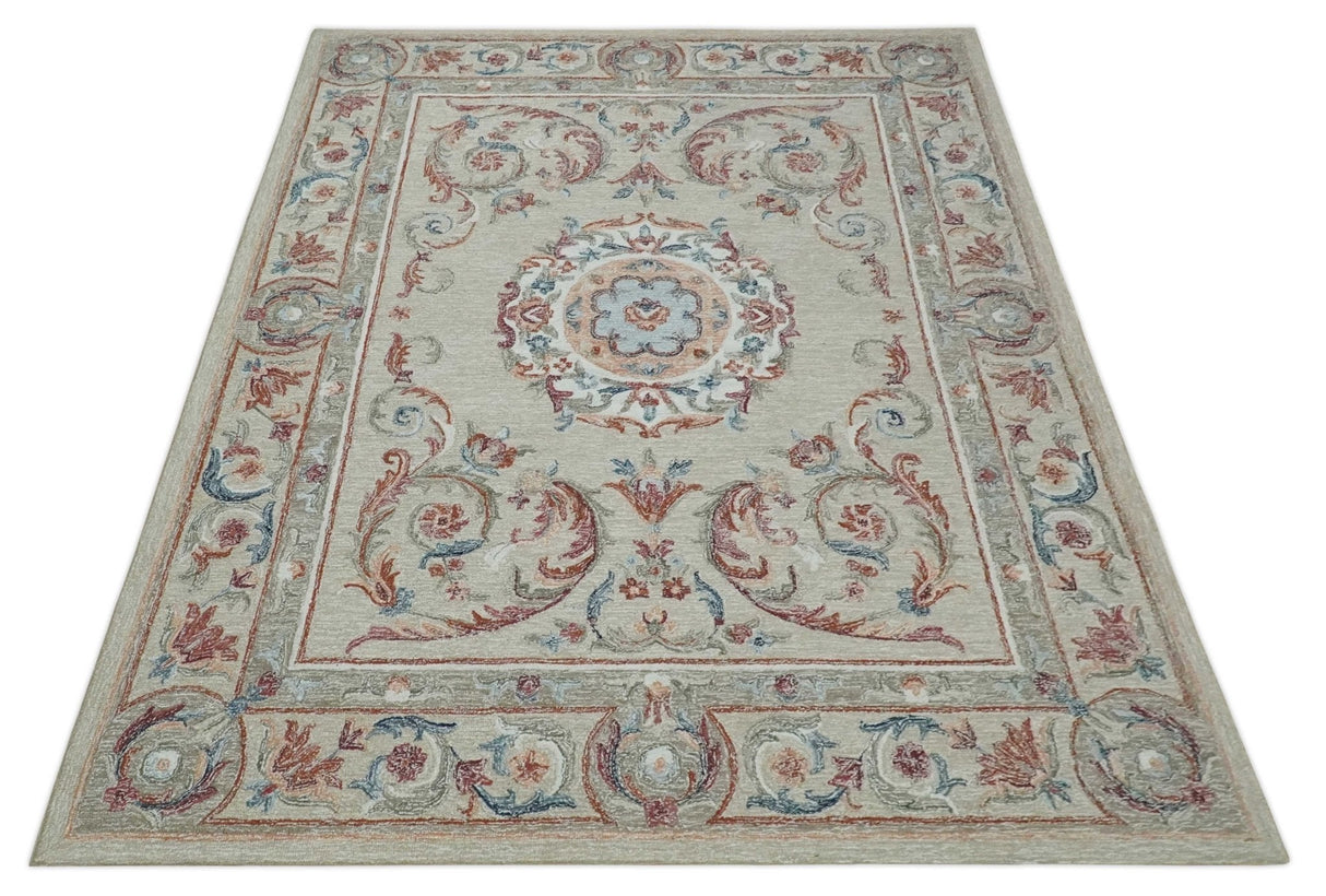 Beige, Brown and Blue Hand Tufted floral Aubusson design 8x10 wool Area Rug