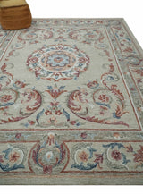 Beige, Brown and Blue Hand Tufted floral Aubusson design 8x10 wool Area Rug