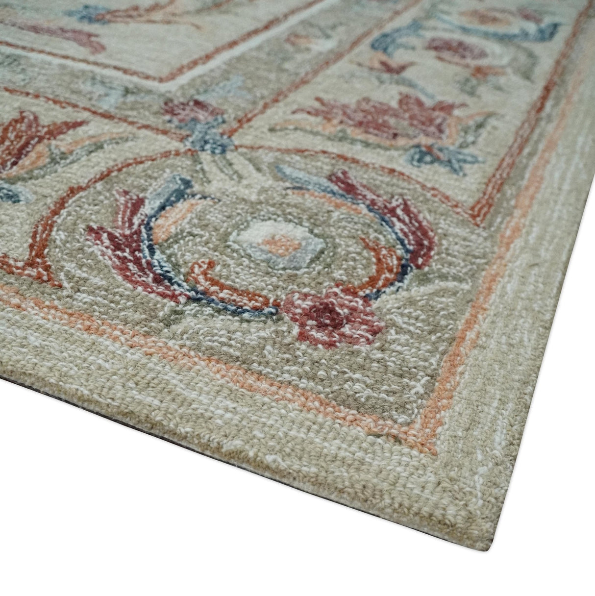 Beige, Brown and Blue Hand Tufted floral Aubusson design 8x10 wool Area Rug