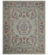 Beige, Brown and Blue Hand Tufted floral Aubusson design 8x10 wool Area Rug