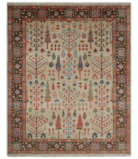 Beige, Brown and Rust Tree of Life Hand Knotted Traditional Multi Size Wool Rug