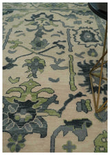 Beige, Charcoal and Green Hand knotted Oushak Traditional Wool Area Rug