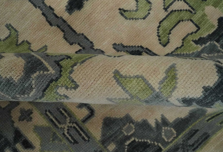 Beige, Charcoal and Green Hand knotted Oushak Traditional Wool Area Rug