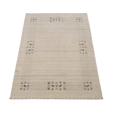 Beige Contemporary Solid Border Design Hand Loomed Wool Area Rug