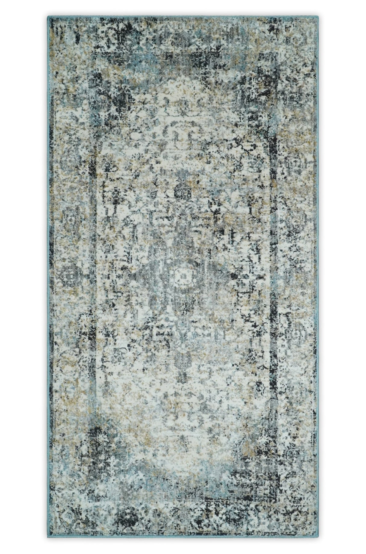 Beige, Olive and Gray and Black Antique Finish Vintage Art Silk Area Rug