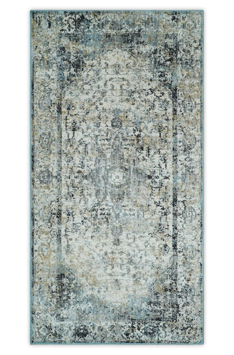 Beige, Olive and Gray and Black Antique Finish Vintage Art Silk Area Rug