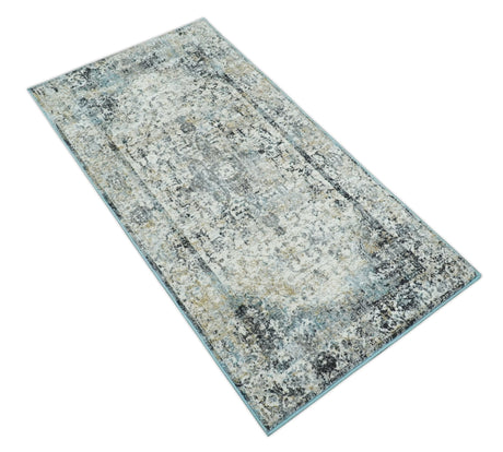 Beige, Olive and Gray and Black Antique Finish Vintage Art Silk Area Rug