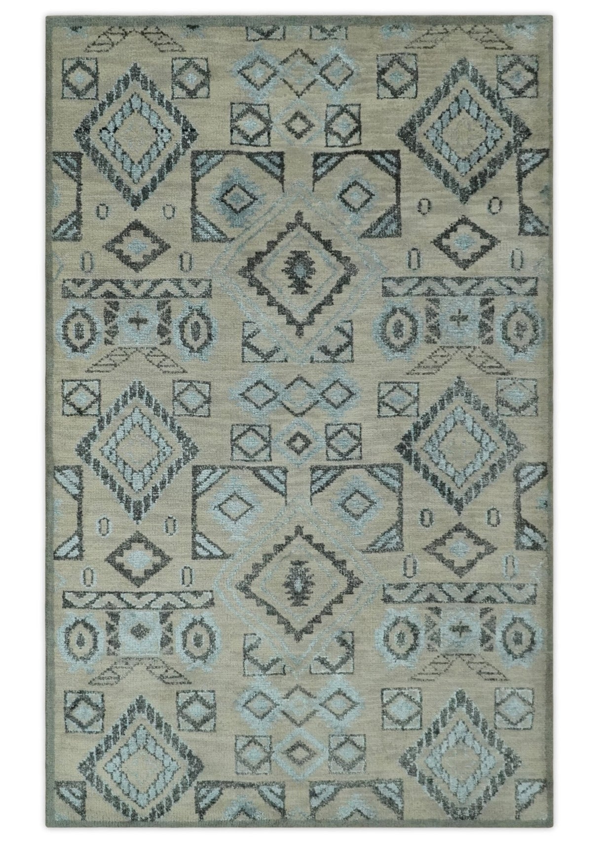 Beige, Silver and Charcoal Hand Knotted Traditional Mamluk design 5x8 wool Area Rug
