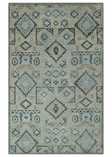 Beige, Silver and Charcoal Hand Knotted Traditional Mamluk design 5x8 wool Area Rug