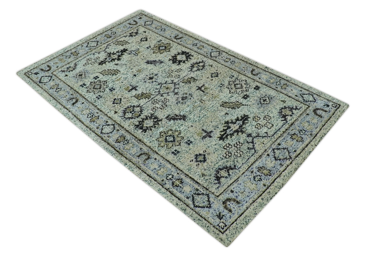 Beige, Teal and Black 5x8 Hand Knotted Traditional Art Silk area Rug-Area Rug-Parc Decor