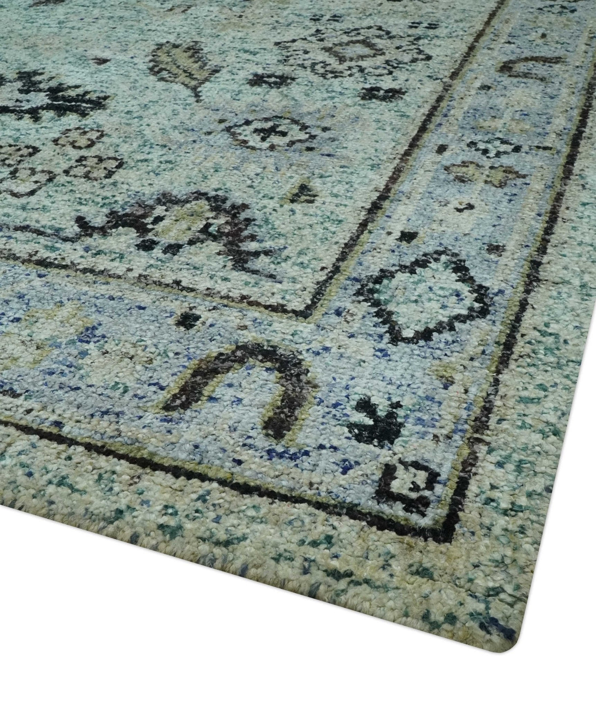 Beige, Teal and Black 5x8 Hand Knotted Traditional Art Silk area Rug-Area Rug-Parc Decor