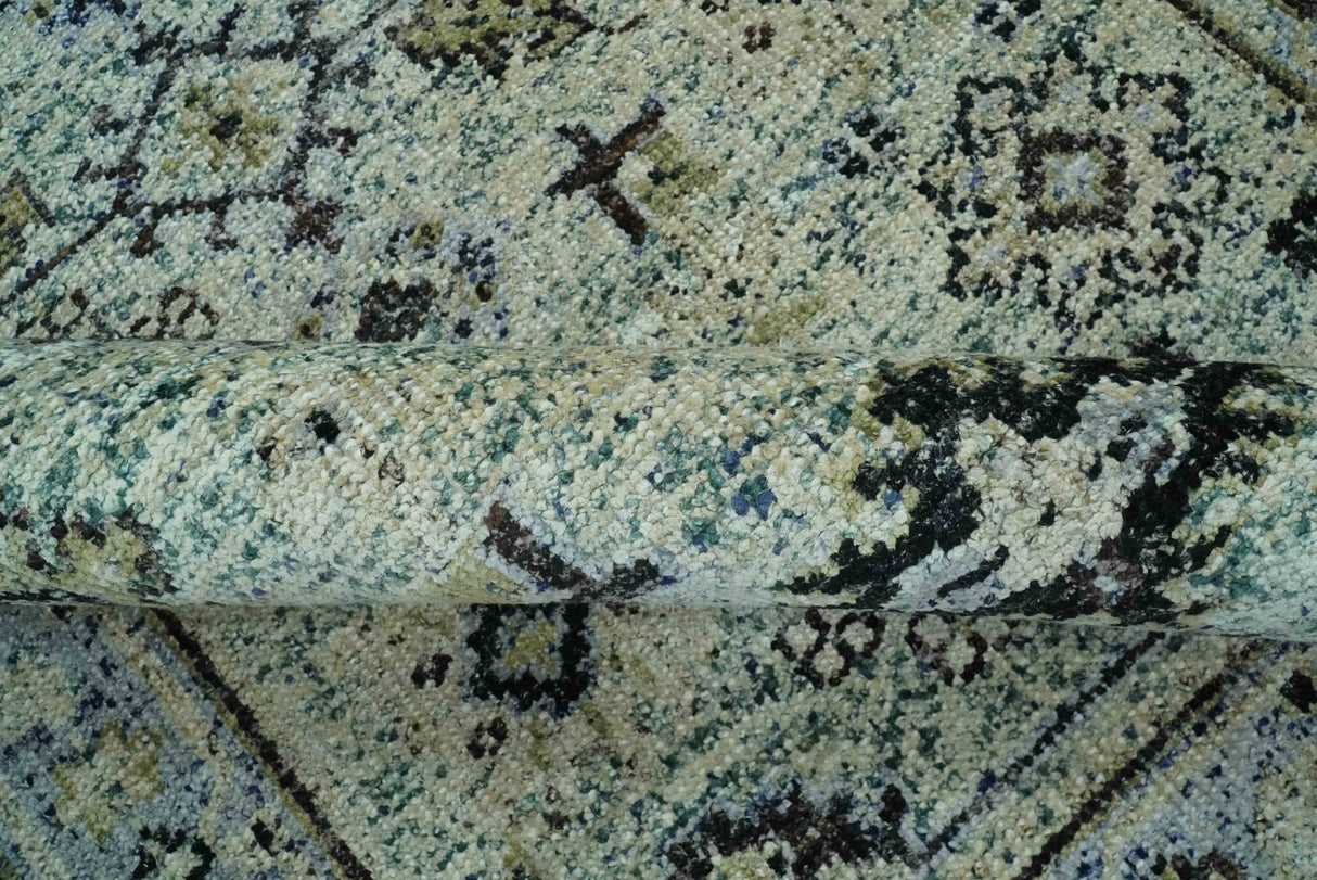 Beige, Teal and Black 5x8 Hand Knotted Traditional Art Silk area Rug-Area Rug-Parc Decor