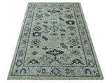 Beige, Teal and Black 5x8 Hand Knotted Traditional Art Silk area Rug-Area Rug-Parc Decor