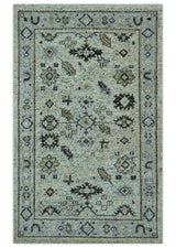 Beige, Teal and Black 5x8 Hand Knotted Traditional Art Silk area Rug-Area Rug-Parc Decor