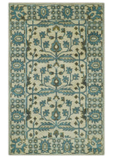 Beige, Teal and Charcoal Traditional Large Design Hand Knotted 5x8 wool Rug