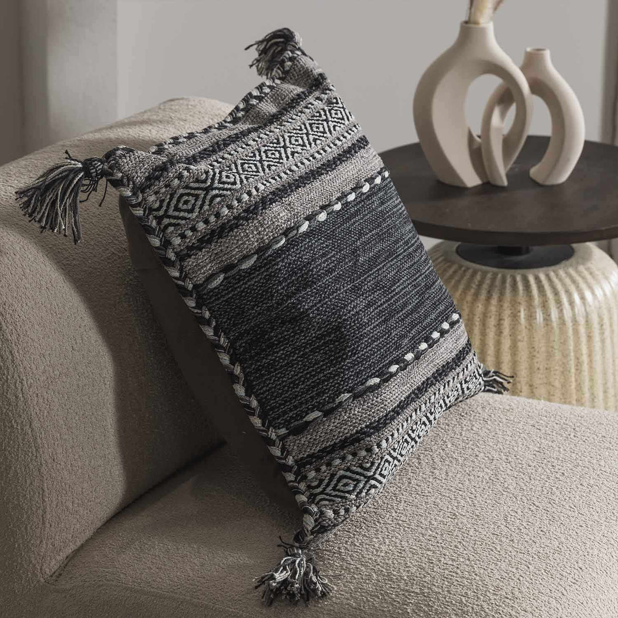 Bensalem Black Geometric Fringe Throw Pillow-Throw Pillows-Parc Decor