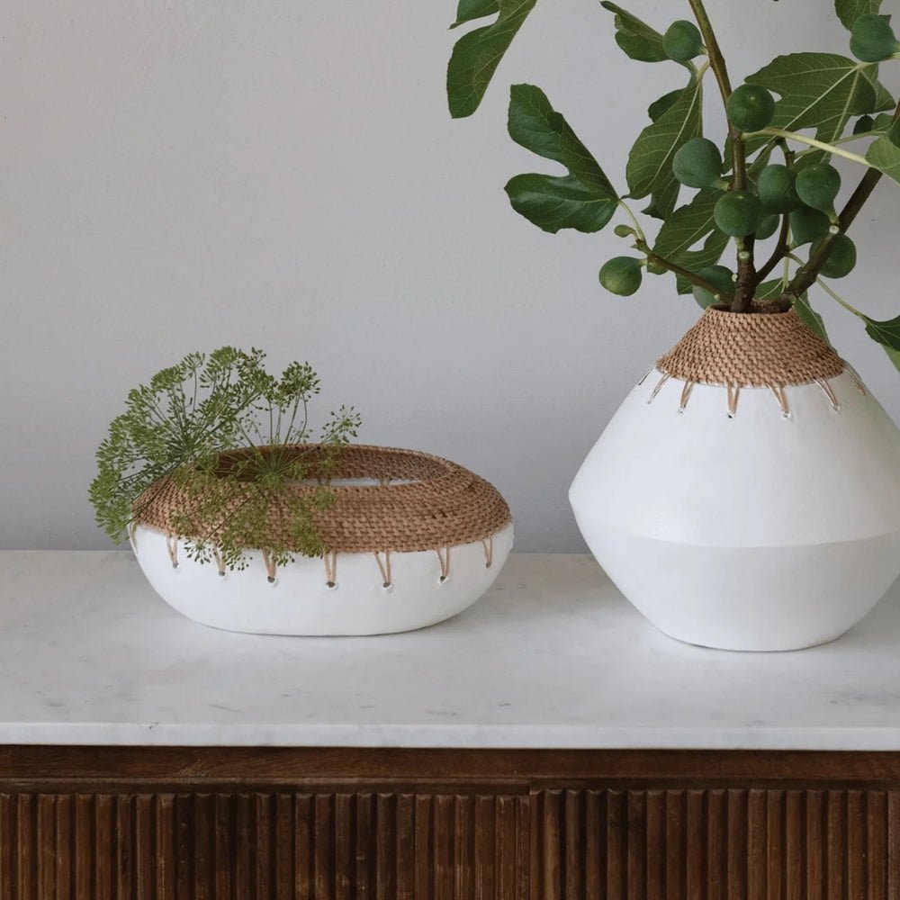 Benton Terracotta Planter with Hand-Woven Rattan Stitching-Planters-Parc Decor