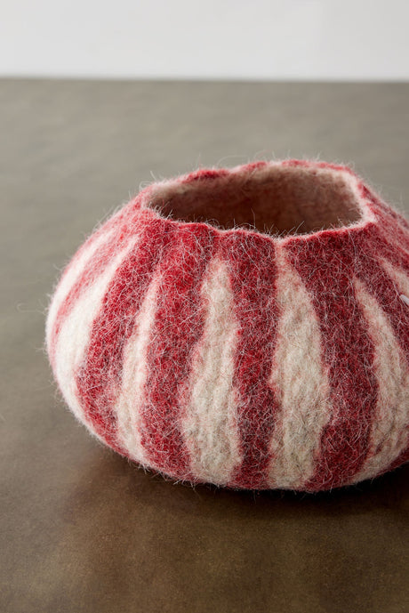 Berry Red Karakul Striped Wool Ukhamba Decorative Bowl-Baskets & Vessels-Parc Decor