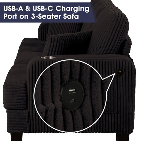 Black 3 Piece Set Comfy Sofa Couch 3-Seater & Loveseat Sofa with Storage Ottoman for Living Room with USB, Side Pockets, Pillows included