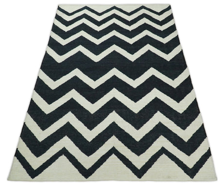 Black and Beige Chevron Design Hand Woven Dhurrie Rug
