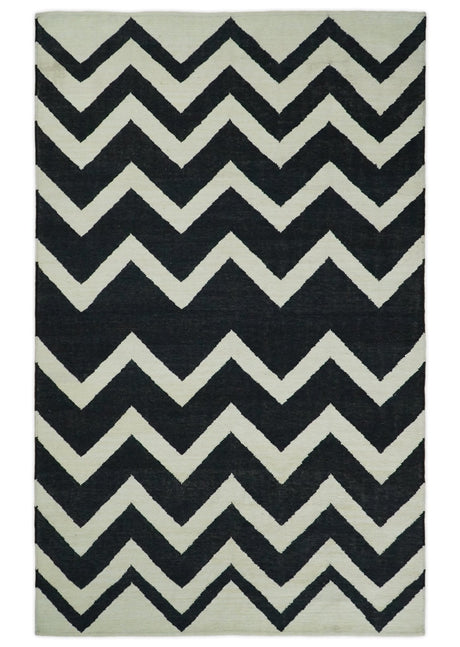 Black and Beige Chevron Design Hand Woven Dhurrie Rug