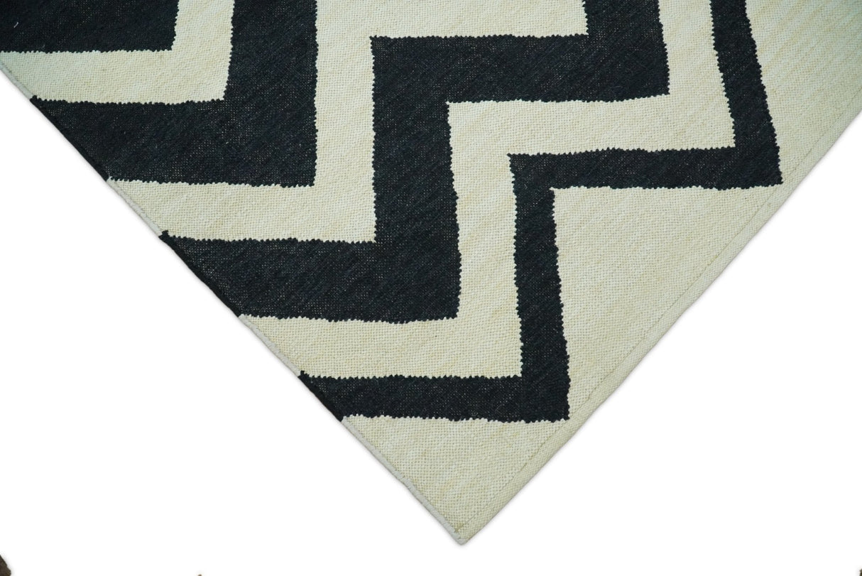 Black and Beige Chevron Design Hand Woven Dhurrie Rug