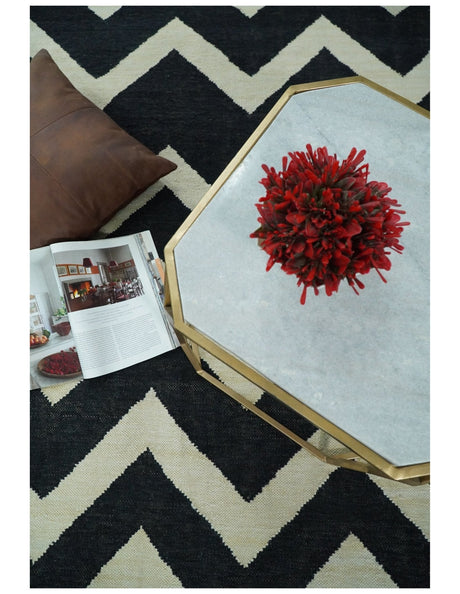Black and Beige Chevron Design Hand Woven Dhurrie Rug