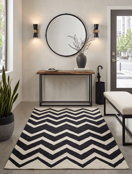 Black and Beige Chevron Design Hand Woven Dhurrie Rug