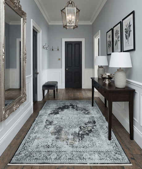 Black and Silver Vintage look Power loomed Art Silk Area Rug