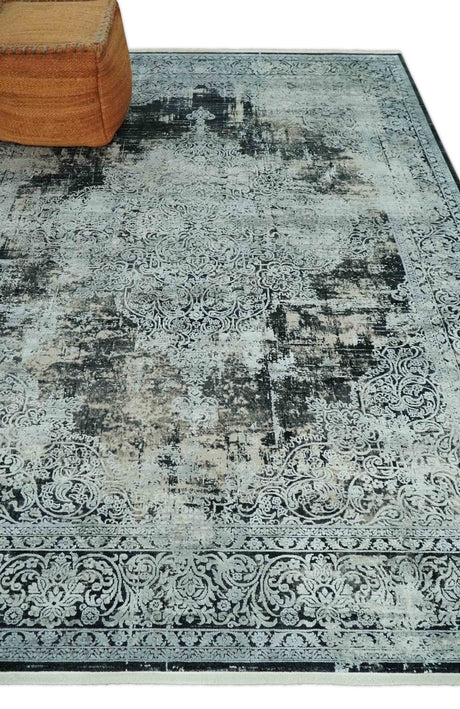 Black and Silver Vintage look Power loomed Art Silk Area Rug