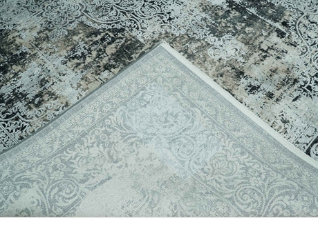 Black and Silver Vintage look Power loomed Art Silk Area Rug