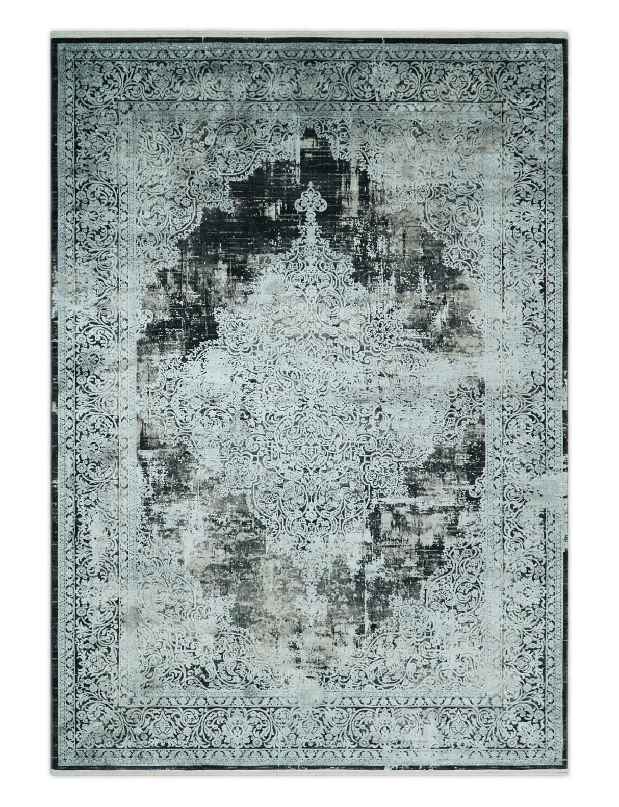 Black and Silver Vintage look Power loomed Art Silk Area Rug