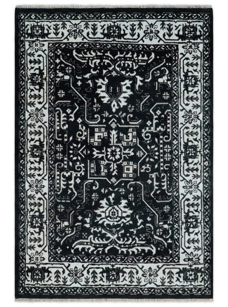 Black and White 6x9, 8x10 and 9x12 Hand Knotted Traditional Persian Oushak Wool and Viscose Rug, Accent Rug | TRDCP840-Area Rug-Parc Decor