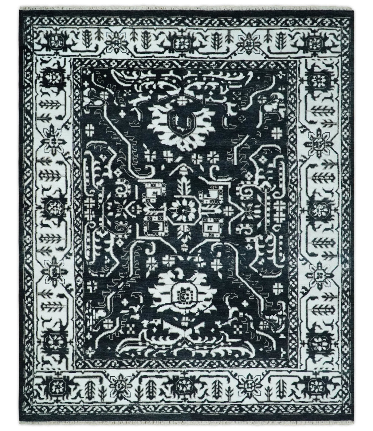 Black and White 6x9, 8x10 and 9x12 Hand Knotted Traditional Persian Oushak Wool and Viscose Rug, Accent Rug | TRDCP840-Area Rug-Parc Decor