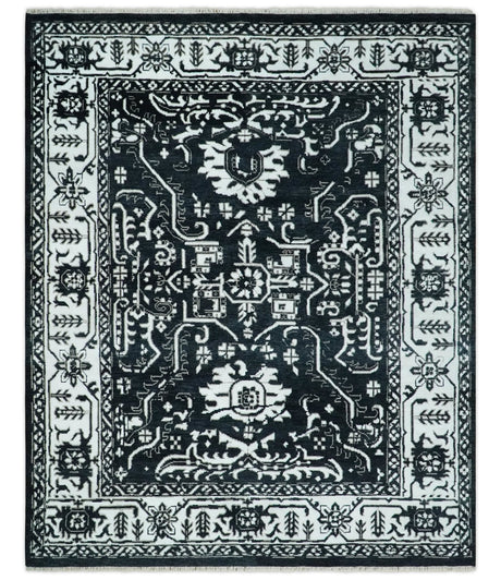 Black and White 6x9, 8x10 and 9x12 Hand Knotted Traditional Persian Oushak Wool and Viscose Rug, Accent Rug | TRDCP840-Area Rug-Parc Decor