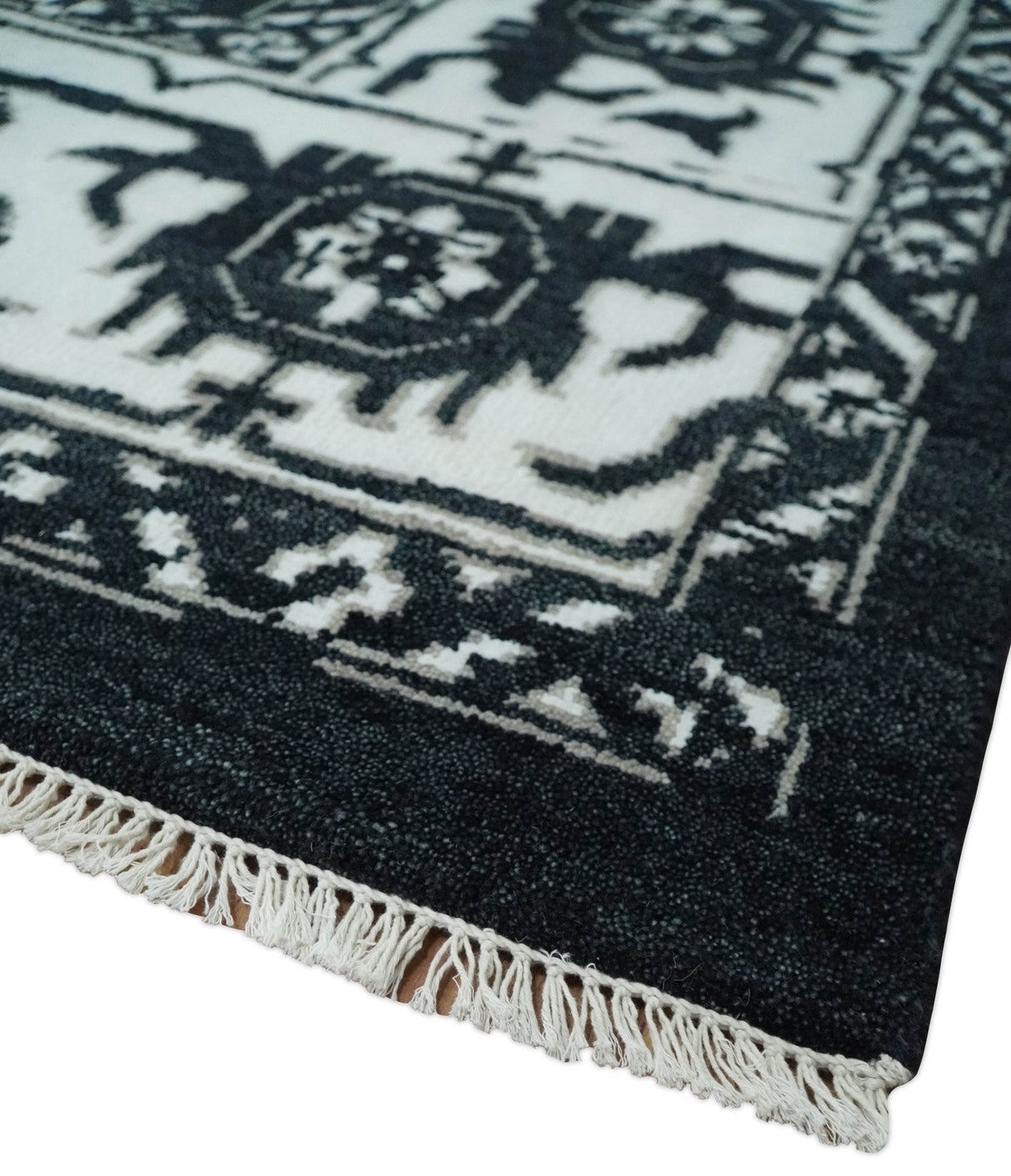Black and White 6x9, 8x10 and 9x12 Hand Knotted Traditional Persian Oushak Wool and Viscose Rug, Accent Rug | TRDCP840-Area Rug-Parc Decor